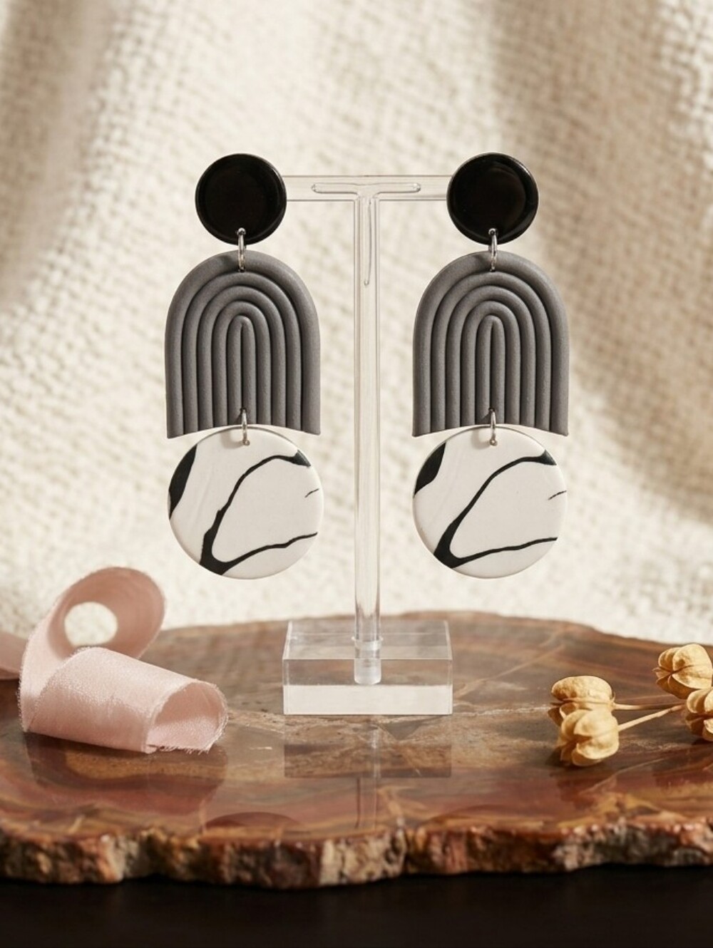 Polymer Clay Arch Statement Drop Earrings Modern Boho Black White Sterling Posts - Picture 17 of 17